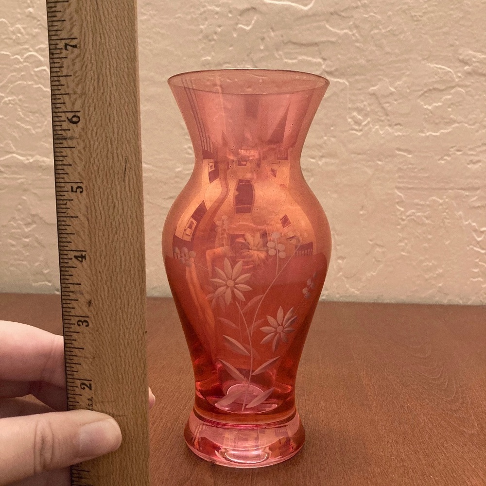Vintage Cranberry Glass Vase with Etched Floral Design
